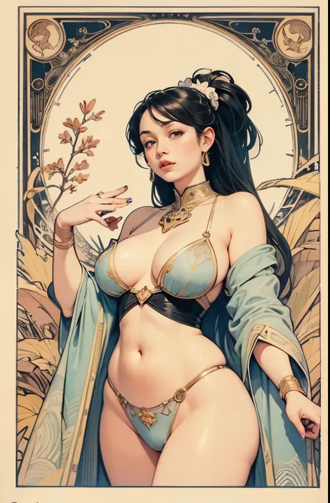 ((masterpiece)), (best quality), (work),  art nouveau watercolor painting , moon goddess  , big breasts，the nipples are prominen...