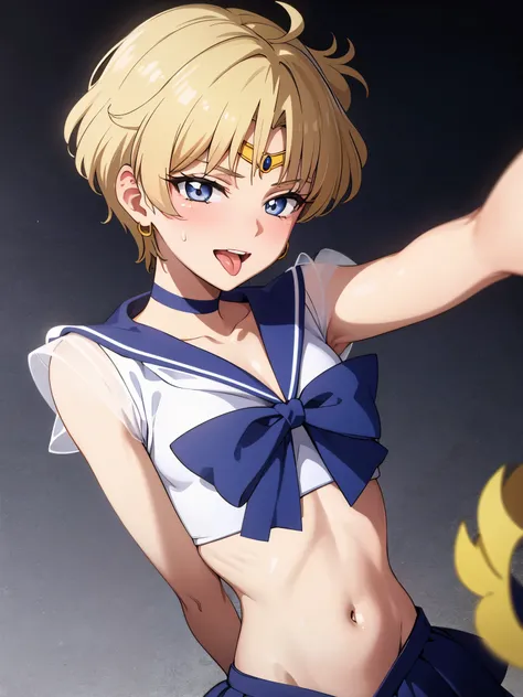 (masterpiece), highest quality, expressive eyes, perfect face, open your mouth, cum on tongue, cum in mouth, tongue, tongue out, short hair, blush, smile, Ahegao, medium breasts, short hair, Sailor Moon Uranus, blonde, blush, Sweat