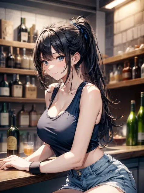 highest quality, 4K, one beautiful woman, beautiful big breasted woman, black haired woman, long hair woman、ponytail woman, ((Woman in dark blue tank top:1.3)), woman wearing white shorts、big smile, ((black knee socks))、stylish bar、Stylish wines are lined ...