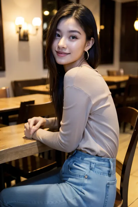 highest quality, masterpiece, ultra high resolution,(realistic:1.4), (RAW photo:1.2), (sit on a chair:1.2), (Detailed ass:1.1), at the restaurant,half_smile, fine eyes, (looking at the viewer:1.2), (gray casual clothes), (casual pants:1.2), (beautiful face...