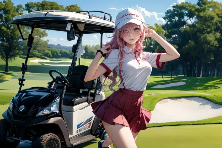 (masterpiece), (best quality half body), 1female, as a caddie, on a golf cart, (long_ponytail wavy tip pink color hair), (hair over one eye:1.3), wearing golf outfit with hat and skirt, golf course on the background, detailed beautiful eyes, detailed gorge...