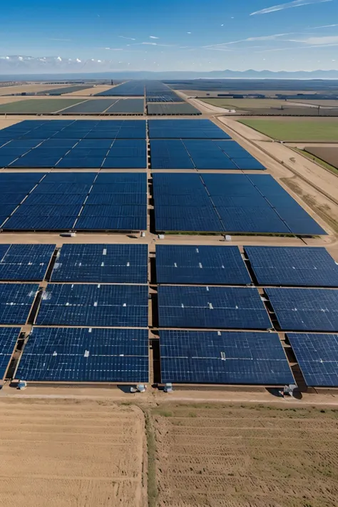  An image of a solar panel farm under a clear blue sky, showcasing Musks efforts in renewable energy with Teslas solar solutions.