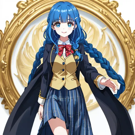 highest quality, (masterpiece:1.2), very detailed, Standing figure of a girl looking and smiling, Glossy lips that make you want to kiss, nice smile, blue big eyes, (((blue hair))), 15 years old, long braids, big shiny hair clip, school uniform, Dark blue ...