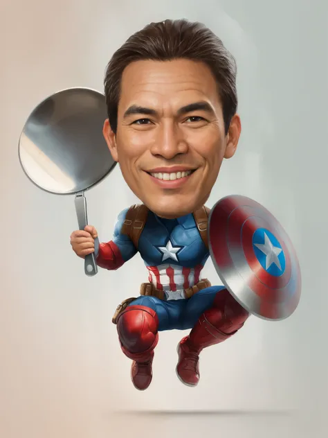 portrait of a man, wearing a captain america costume and holding a frying pan, superhero, caricature illustration, in cartoon style, caricature style, portrait, realistic cartoon, cartoon art, an Indonesian portrait, caricature, digital art cartoon, portra...