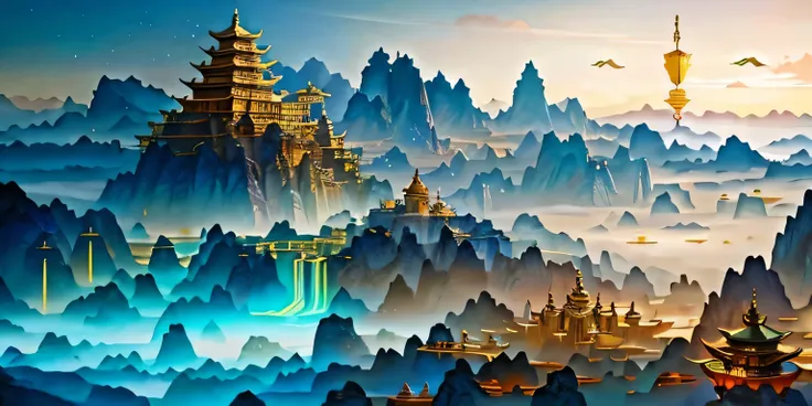 Asian landscape pictures，There are mountains and birds in the sky, Otherworldly fantasy scene style, Light cyan and gold, Intricate map world, hyperrealistic illustration, romanticized cityscape, Detailed character illustrations, Organic shapes and curves,...