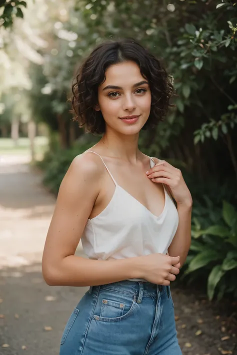 In the heart of a serene valley, a stunning 25-year-old girl with black short hair stands, radiating joy and tranquility. Celebrating her youth and natural beauty, she strikes a stylish pose, her denim outfit mingling harmoniously with the surrounding natu...