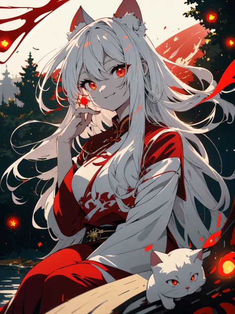 ((highest quality、masterpiece、glowing red eyes、detailed))、beautiful face、white cat ears、long white hair、red cheongsam、Anime style sitting and smiling  、night、Surrounded by the light of many fireflies、beautiful anime、riverbank、nature background