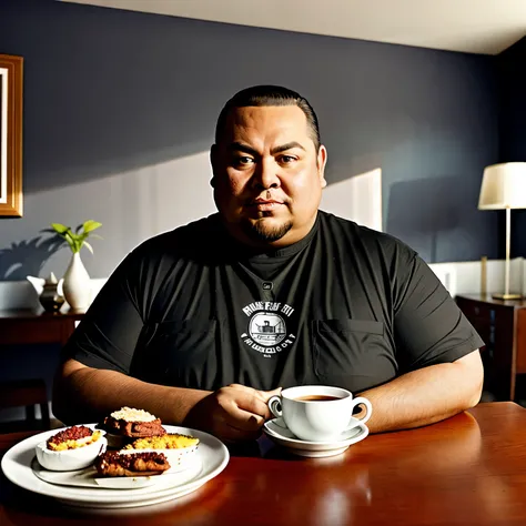 there is a fat man make eye glass sitting at a table with a plate of food and a cup of coffee, inspired by Rudy Siswanto, inspired by Altoon Sultan, ‘raya and the last dragon’ etc, realistic fantasy render, inspired by Ismail Acar, portrait shot, artwork i...