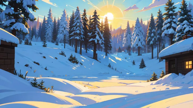 Cozy Minecraft, Sun Ray, Illustration, large-scale winter landscape