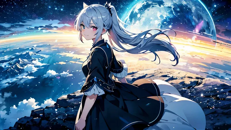 Best quality,master piece,bluish silver ponytail、(droopy iris of heterochromia,glowing eyes:1.2)、、10 years old、big smile、slender、disorganized, High resolution, (official art, beautiful and aesthetic:1.2), Close a view, 1 girl, shining sky, vast world, star...