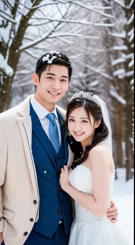 A handsome man and beautiful woman get married. Both are in their early twenties. The two looked at the camera with smiles on their faces. medium shot. Half body. Japan Hokkaido. snow. play in snow