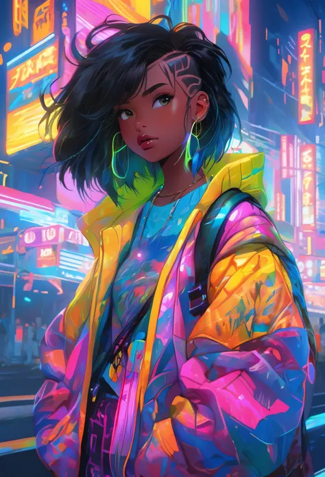 Dark skinned tomboy girl，Wearing undercut hair, illustration：aoiro studio and Masaaki Komori, Super detailed, neon lights, light, Matte painting, Illustration in oil painting style, Popular topics on Artstation, modern Art, Surreal and dreamy atmosphere.