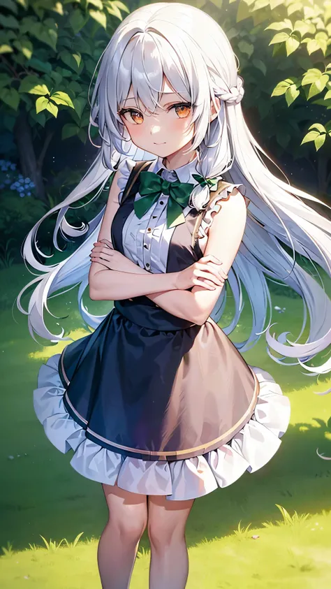 girl with white hair, 7 years old,;;;;;;;;, golden eyes, long hair,Green braid tied in bows left and right........,, Wear a blue sleeveless shirt......up button.  white short skirt, walking on grass.with a man....With a slightly smiling face..................