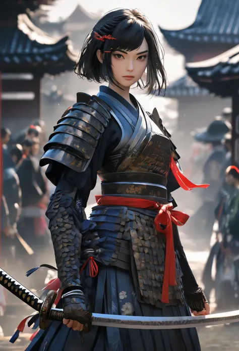 (8k, best quality, masterpiece:1.2), (lifelike:1.4), original photo, best quality, ultra high resolution, best shadow, (whole body:1.4), A girl with short hair, Japan Armor, Samurai sword, Stunning environments on a massive scale, fear, dark fear, Highly d...