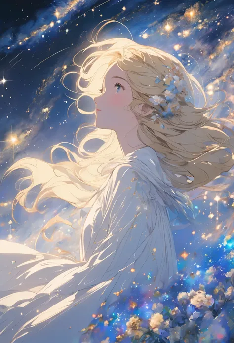 (best quality, masterpiece), 1 girl, posture, particle, wind, flower, Upper body, simple background, looking at the audience, blonde, Milky Way, Aesthetic