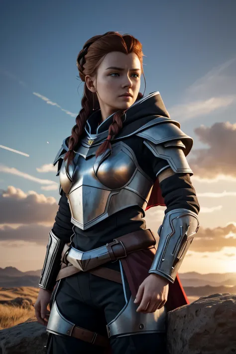 Aloy du jeu "Horizon zéro down" cybernetics, avec un corps entier sculptural parfait, realistic, ventre apparaissant, (seins gros et parfaits), encolure, 3D, with hood on the head and a cape, and a red visor in the&#39;oeil droit, anime style 3D, ultra rea...