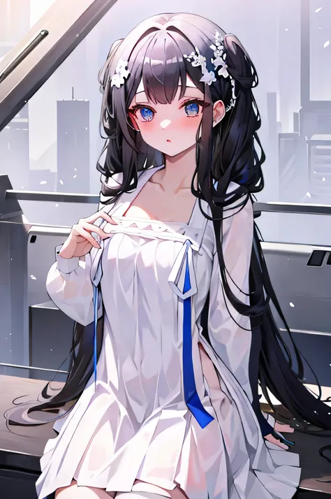 The Blue-Eyed Girl, white dress, black long twin tails, very beautiful, Big breath