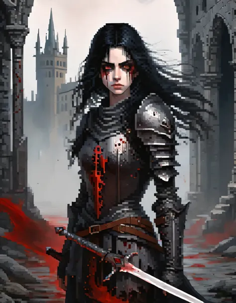 A girl with long, flowing black hair and piercing red eyes, wearing tattered and battle-worn medieval armor, standing in the midst of a dark, gothic landscape. She holds a massive, bloodied sword in her hand, and her face shows a mix of determination and f...