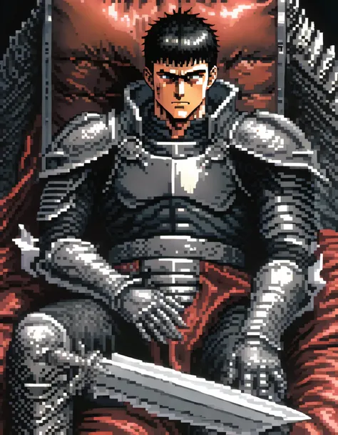 guts (berserk) sitting, sleeping, eyes closed, armor, hands resting in lap, black armor, bandages, face to viewer, manly, scar, male focus, smooth, sharp focus, illustration,