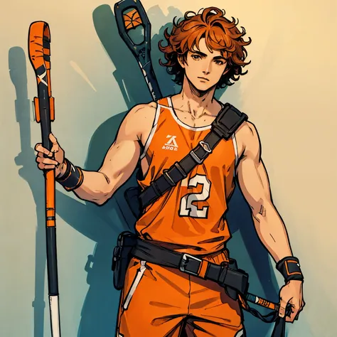 (artwork, best quality:1.2), extremely detailed, detailed hair, soft skin,
1 boy, Alone, Standing, Orange Lacrosse Sport Racket Stick on his shoulder,
Dark hair, curly hair