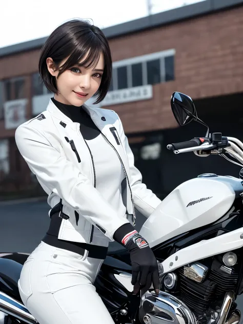 ((highest quality)), ((masterpiece)), (detailed motorcycle), perfect face、Accurate five-fingered hands、double eyelids、small face、realistic skin texture、full body shot、long legs、Beauty、((white jacket and pants))、smile、slender body、Moist eyes、((spread legs))...