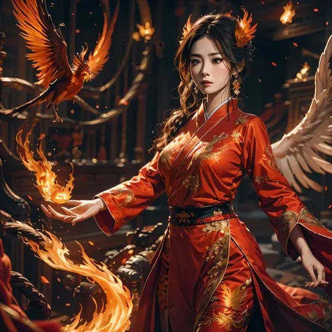 Realistic picture, Masterpiece, Character 1: Asian woman with tied hair. Wearing a fantasy red Chinese martial arts costume, With a holographic image of a phoenix with a large flame.. Orange-red-gold colors fly along the pattern., exquisite details, very b...