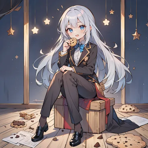 (long silver hair girl),((eating cookies)),(pants style with tuxedo),blue eyes,open your mouth, dull smile, full body esbian,(((...