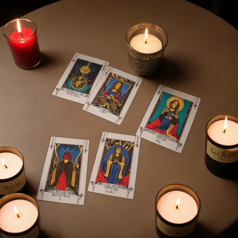 tarot reading done on a tarot table, with candles and somber details. reading about love