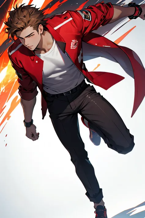 18 year old young man, light brown hair, honey colored eyes, white shirt, red jacket, pants, with a red and black sphere  