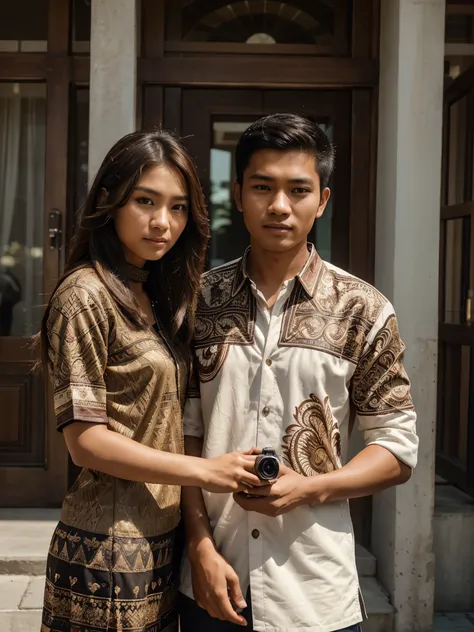 A handsome Indonesian young man is taking a photo together with a beautiful 22 year old brown haired Indonesian woman posing in front of the building, best quality, realistic, photorealistic, (intricate detail: 1.2), (fine detail), (cinematic light), clear...