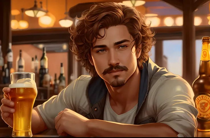 39-year-old Anton with a thick beard and mustache.  there is a man sitting at a bar with a beer in his hand, handsome stunning realistic, photorealistic disney, handsome guy in Demon Slayer art, stunning digital illustration, detailed portrait shot, beauti...