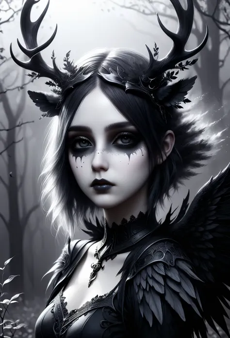 (best quality,4k,8k,highres,masterpiece:1.2),ultra-detailed,(realistic,photorealistic,photo-realistic:1.37),angelic goth girl,(black and white,monochrome:0.9) wings,(dark,shadowy:0.9) colored antlers,bandages covering her eyes,detailed face description,dar...