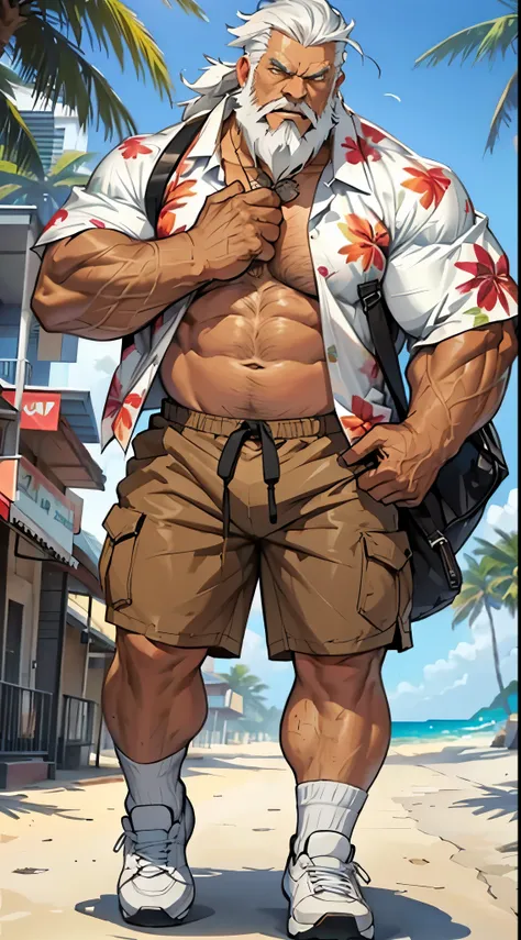 chubby old man in street city, monster. tusk out, old man, bearded. white hair and beard, bearded, muscular, pectoral, wide pectoral, beach, palm, realistic, 8k, masterpiece, (wearing shorts and white Hawaiian shirt, shoes)