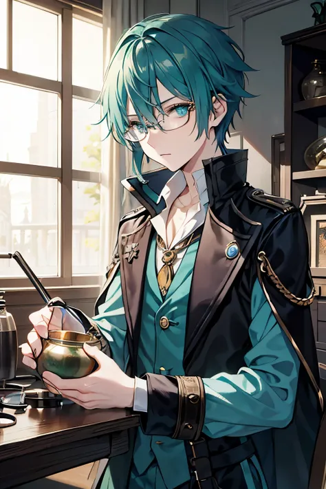 male　deep green hair　blue eyes　one person　Glasses　alchemist　flask　steampunk　hair、tie together at the back　witch&#39;s cauldron　boil the pot　inflammation　magic tool　whole body　cool　masterpiece　Highest image quality　noise removal　clear parts 　cinematic shado...