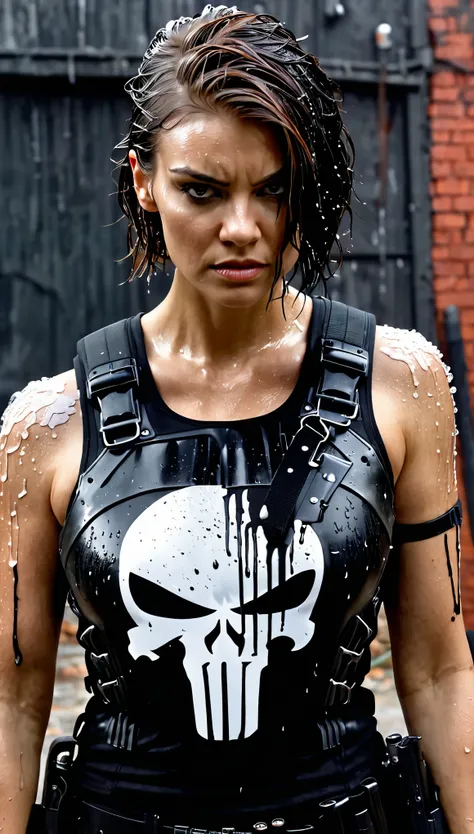 realistic, (ohwx), lauren cohan as punisher, punisher outfit, female bulletproof vest, wet and sweaty hair, combed back,a few st...