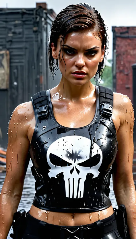 realistic, (ohwx), lauren cohan as punisher, punisher outfit, female bulletproof vest, wet and sweaty hair, combed back,a few st...