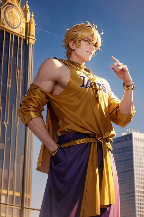 A man made of gold with a kings crown on his head A man in a Lakers jersey on top of a tall building in Los Angeles