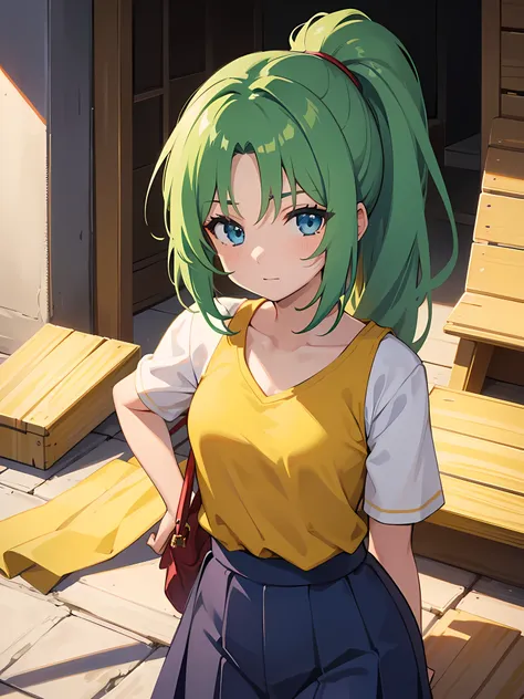 1 girl,One,Upper body,I look at the viewer,facing the viewer,Sonozaki Mion,long hair,green hair,High ponytail,split bangs,Blue eyes,yellow T-shirt