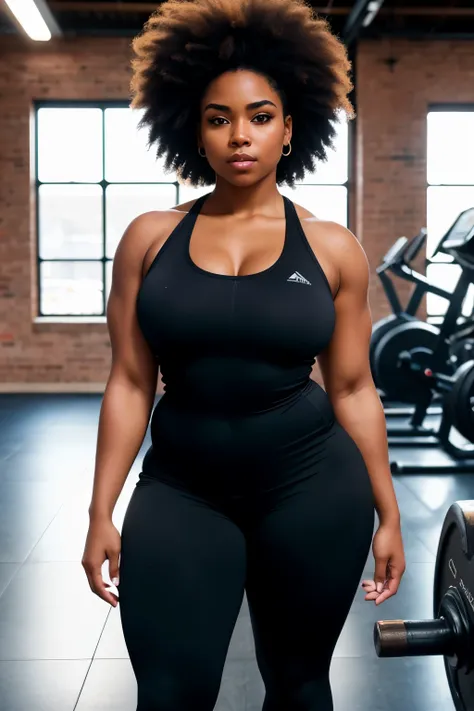 Gritty raw photo of a fit, young woman, 25 years old, standing boldly in a gym with a little bit of thick texture to her black skin and an afro of thick, curly black hair cascading down her shoulders. She wears tight black tights that hug her toned figure,...