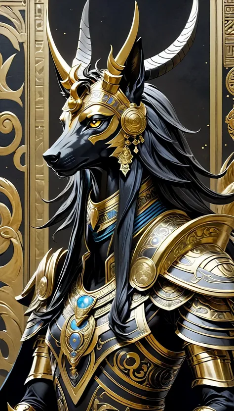 There is a picture of numbers, The painting depicts an animal with a golden head and horns, Dragoon portrait, Mysterious Anubis Valkyrie, Super detailed fantasy characters, Robot dragon portrait, sleipnir&#39;Photo, ghost of anubis, 4K details fantasy, Pol...