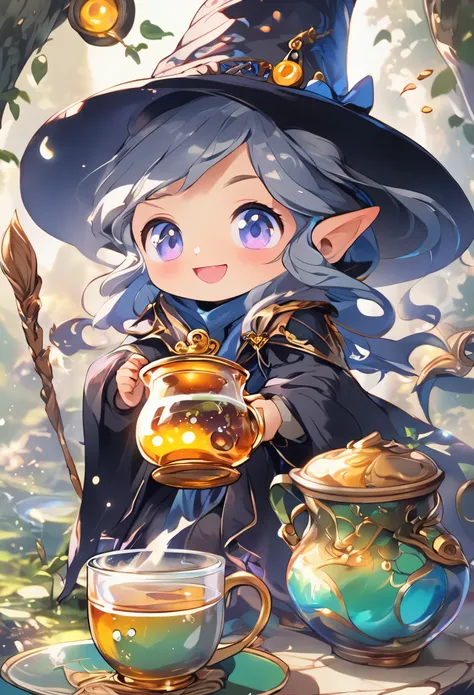 masterpiece, best quality, wizard tea , magic tea , magic, chibi, handsome witch, Highly detailed and realistic eyes, happy, Energetic, rich and colorful,