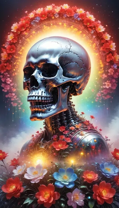 pixelated style,(Glows red,cross shaped glow,blooming flowers)),interstellar fog background,polished,((silver skull)),light composition,rainbow,rainbow around the skull,Full of energy,Illustrations of various structural force effects,Brilliant circular com...