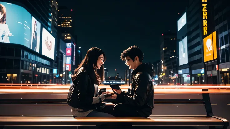 The piucture shows two people interacting through electronic devices, such as smartphones or laptops, in an urban or contemporary setting. They are smiling while exchanging text messages or connecting through online dating apps. In the background, city lig...