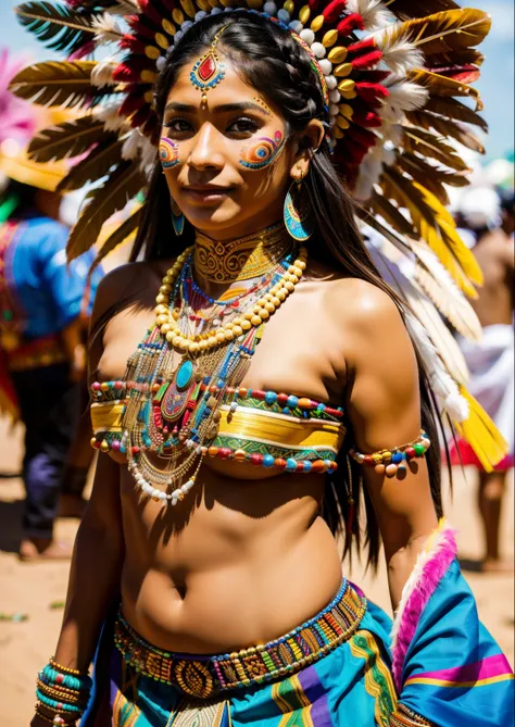 an indigenous Ecuadorian woman wearing an elegant native tribal outfit made of colorful beads, a young female shaman, wearing tribal armor, tribal clothing, traditional beauty, carnaval de barranquilla, 