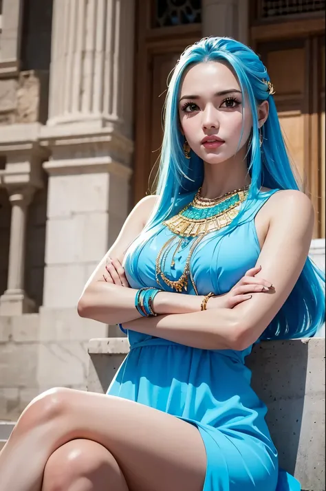 masterpiece, best quality, extremely detailed, hyperrealistic, photorealistic, a shot from head to knee:1.1, a pretty egyptian girl, ultra detailed face, light blue hair, gritting her teeth, crossed arms:1.2