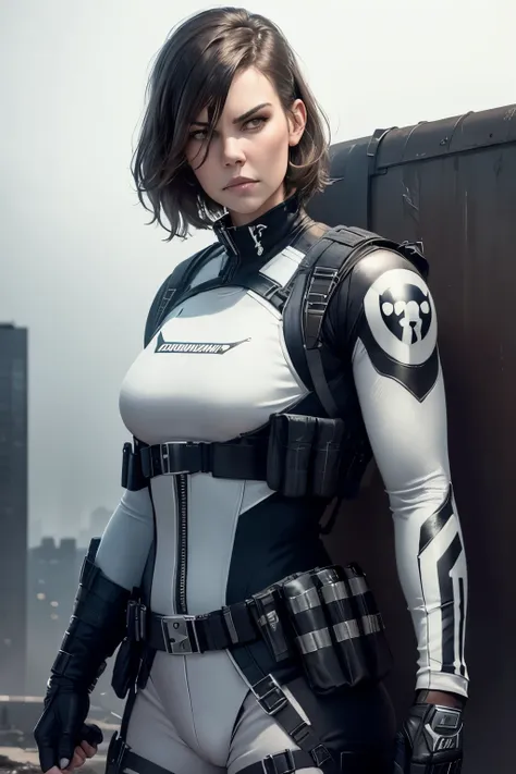 realistic,  lauren cohan as punisher, punisher outfit, female bulletproof vest, white punisher logo on bulletproof vest, dark ph...