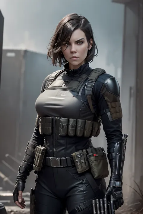 realistic, sci-fi, fantasy, lauren cohan as punisher, punisher outfit, female bulletproof vest, gray and worn punisher logo on b...