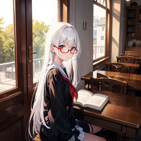 16 year old girl，white hair，red pupils，Glasses，student uniform，book，light