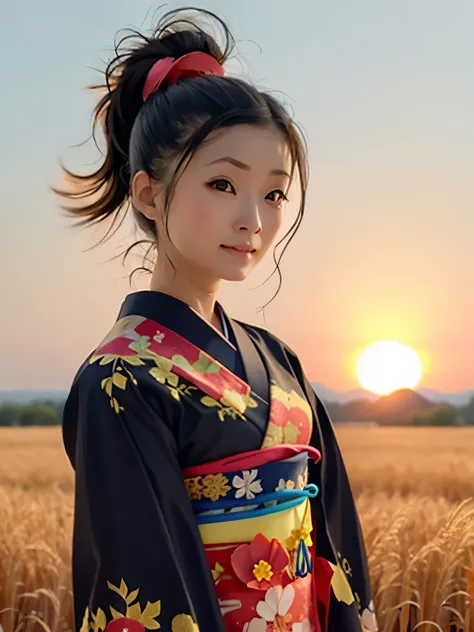 a girl in a kimono standing waist-deep in a wheat field, black kimono with gold trim, her hair is tied in a ponytail, yellow eye...