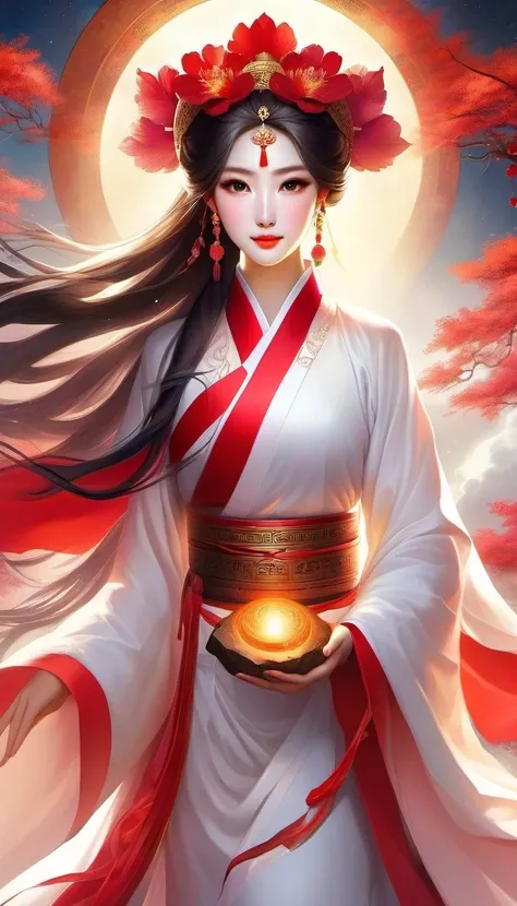 (masterpiece, best quality:1.2),，Nuwa holds the sacred stone，Fix the big hole in the sky。Her body is painted red，Symbolizes her courage and strength。Her hair and clothes are white，Symbolizing her purity and holiness。around her，is a dark sky，Symbolizes disa...